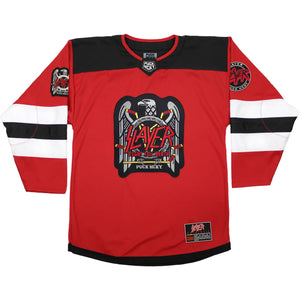 SLAYER 'FIGHT TILL DEATH' deluxe hockey jersey in red, black, and white front view