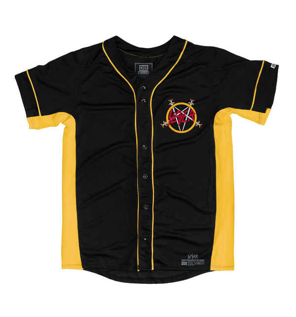 SLAYER 'REIGN IN BLOOD' short sleeve spring league jersey in black and gold front view