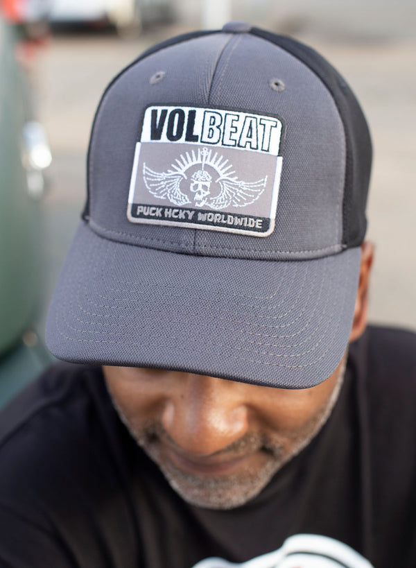 VOLBEAT ‘7 SHOTS’ mesh back hockey cap in iron grey and black front view on male model
