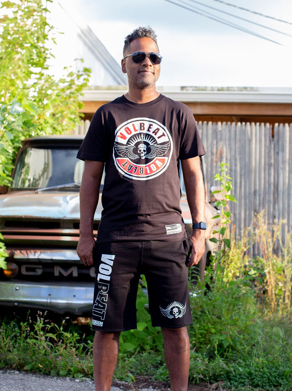 VOLBEAT ‘7 SHOTS’ fleece hockey shorts in black front view on model