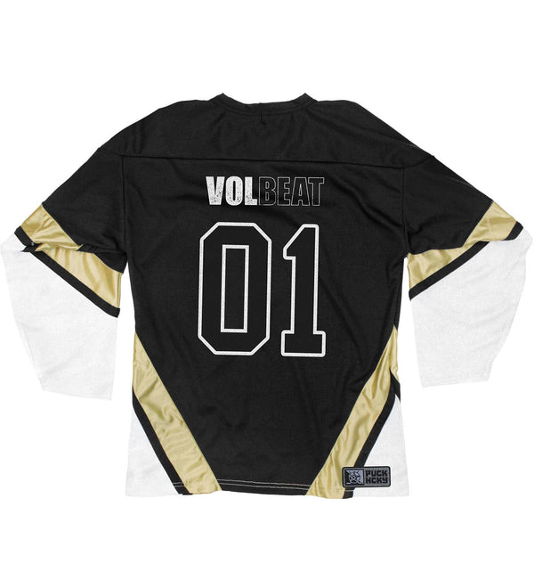 VOLBEAT ‘REWIND REPLAY REBOUND’ hockey jersey in black, white, and vegas gold back view