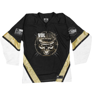 VOLBEAT ‘REWIND REPLAY REBOUND’ hockey jersey in black, white, and vegas gold front view