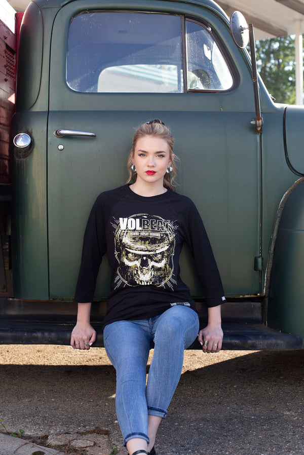 VOLBEAT ‘REWIND REPLAY REBOUND’ hockey raglan t-shirt in graphite heather with black sleeves front view on female model