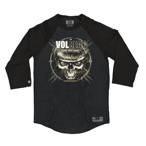 VOLBEAT ‘REWIND REPLAY REBOUND’ hockey raglan t-shirt in graphite heather with black sleeves front view