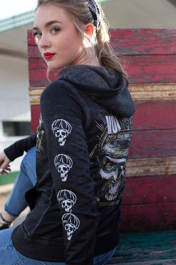 VOLBEAT ‘REWIND REPLAY REBOUND’ women's full zip hockey hoodie in acid black back view on model