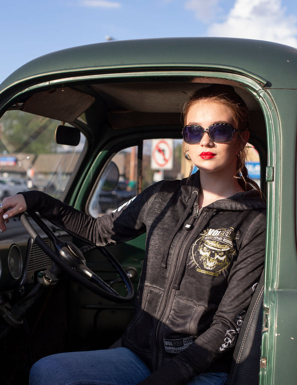 VOLBEAT ‘REWIND REPLAY REBOUND’ women's full zip hockey hoodie in acid black front view on model