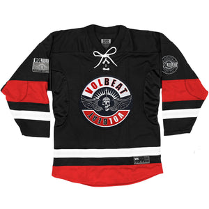 VOLBEAT ‘THE CIRCLE’ deluxe hockey jersey in black, white, and red front view