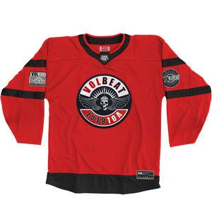 VOLBEAT ‘THE CIRCLE’ deluxe hockey jersey in red and black front view