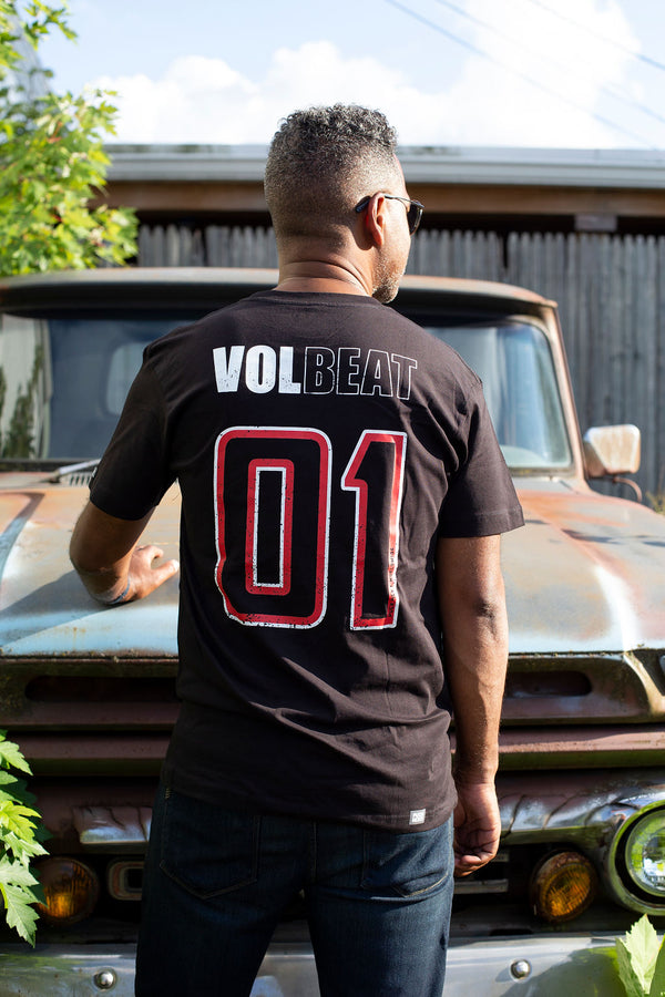 VOLBEAT ‘THE CIRCLE’ short sleeve hockey t-shirt in black back view on model