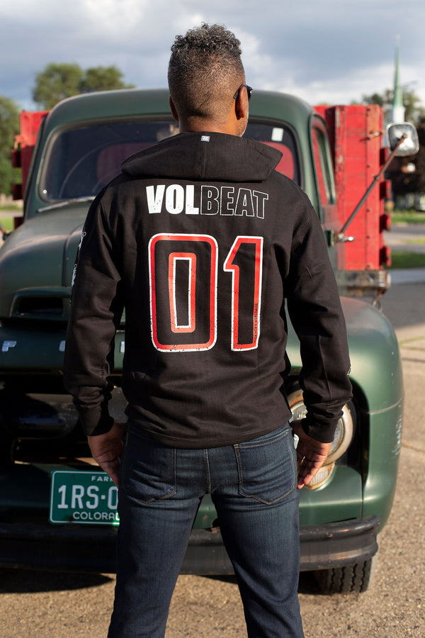 VOLBEAT ‘THE CIRCLE’ full zip hockey hoodie in black back view on model