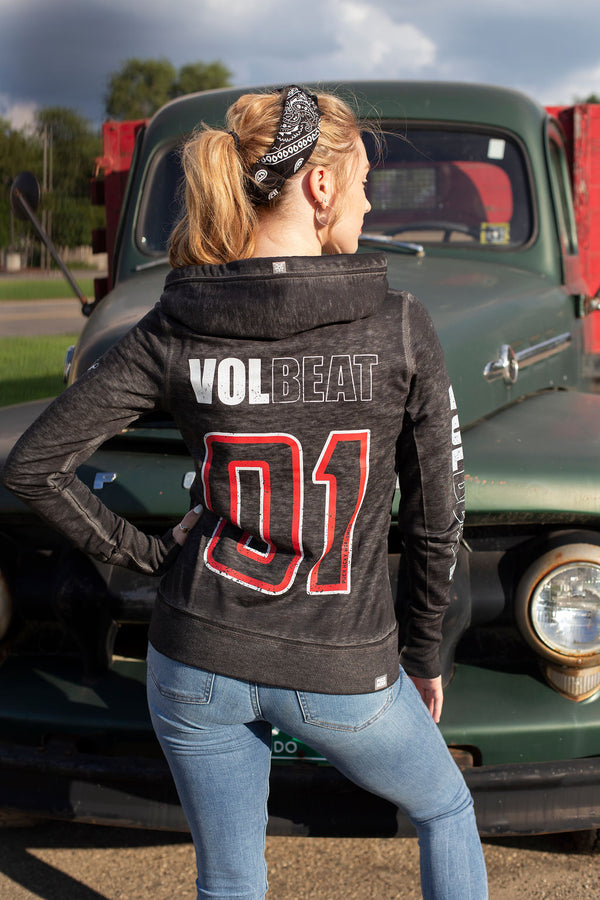 VOLBEAT ‘THE CIRCLE’ women's full zip hockey hoodie in acid black back view on model