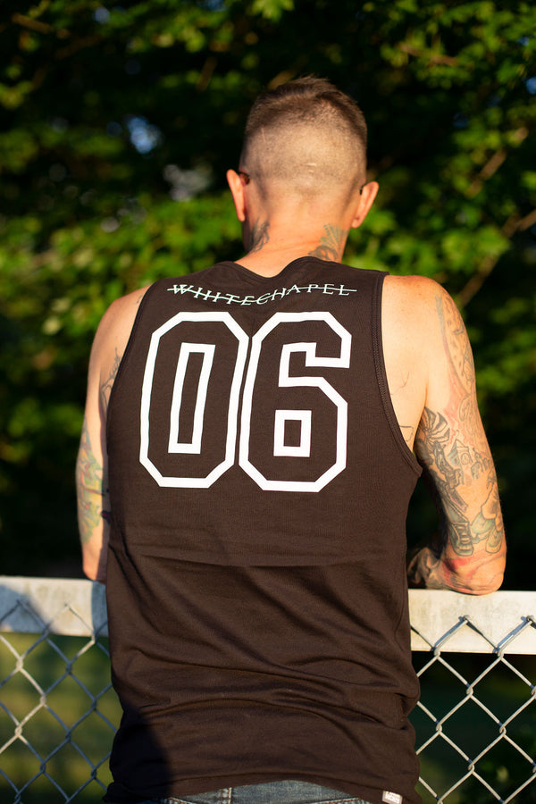 WHITECHAPEL 'MARK OF THE SKATE BLADE' hockey tank top in black back view on male model