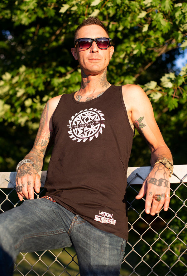 WHITECHAPEL 'MARK OF THE SKATE BLADE' hockey tank top in black front view on male model