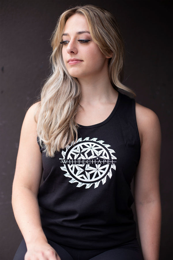 WHITECHAPEL 'MARK OF THE SKATE BLADE' hockey tank top in black front view on female model