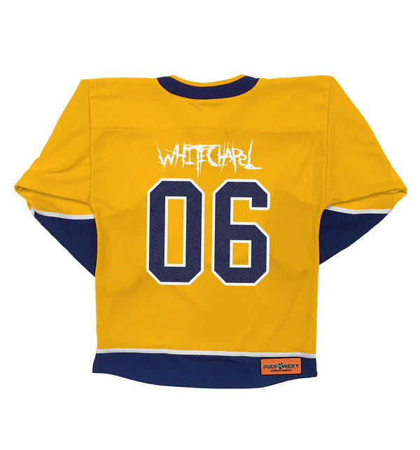 WHITECHAPEL 'REPROGRAMMED TO SKATE' hockey jersey in gold, navy, and white back view