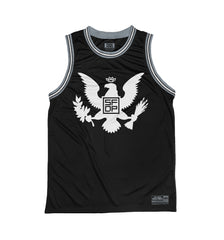 FIVE FINGER DEATH PUNCH 'EAGLE CREST' sleeveless basketball jersey in black, grey, and white front view