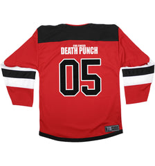 FIVE FINGER DEATH PUNCH 'EAGLE CREST' deluxe hockey jersey in red, black, and white back view