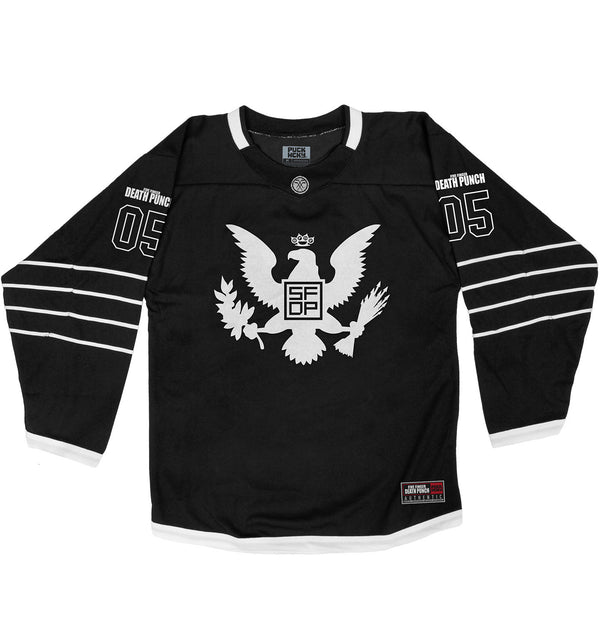 FIVE FINGER DEATH PUNCH 'EAGLE CREST' hockey jersey in black and white front view