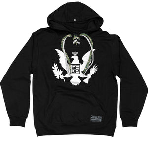 FIVE FINGER DEATH PUNCH 'EAGLE CREST' laced pullover hockey hoodie in black with camo and white striped laces front view