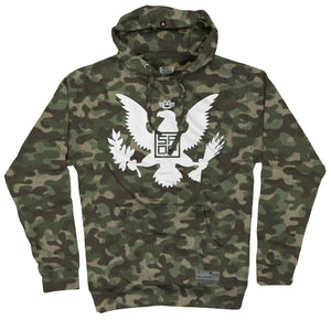 FIVE FINGER DEATH PUNCH 'EAGLE CREST' pullover hockey hoodie in forest camo front view