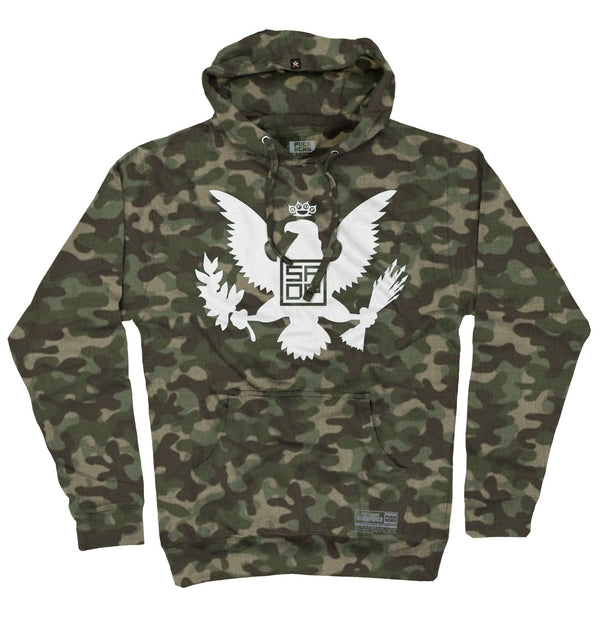 FIVE FINGER DEATH PUNCH 'EAGLE CREST' pullover hockey hoodie in forest camo front view