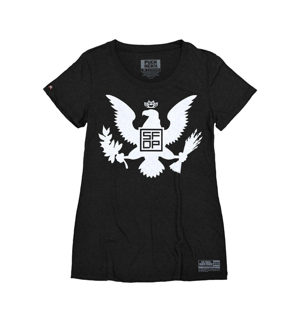 FIVE FINGER DEATH PUNCH 'EAGLE CREST' women's short sleeve hockey t-shirt in black front view