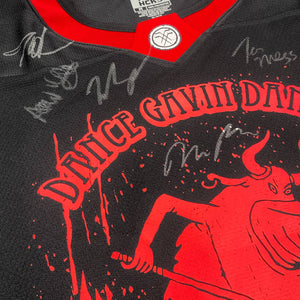 DANCE GAVIN DANCE ‘AFTERBURNER’ limited edition autographed hockey jersey in black and red close up