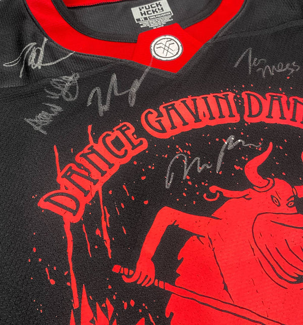 DANCE GAVIN DANCE ‘AFTERBURNER’ limited edition autographed hockey jersey in black and red close up