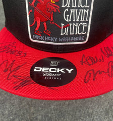 DANCE GAVIN DANCE 'AFTERBURNER' limited edition autographed snapback hockey cap in black with red brim close up