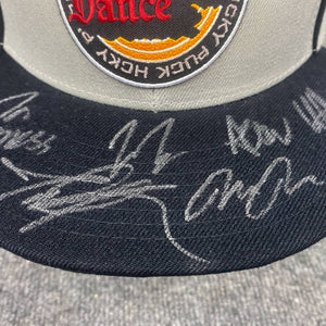 DANCE GAVIN DANCE 'EMBER' limited edition autographed snapback hockey cap in grey with black accents close up