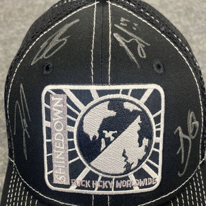 SHINEDOWN 'PLANET ZERO' limited edition autographed stretch mesh contrast stitch hockey cap in black with white stitching close up