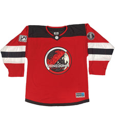 SHINEDOWN ‘PLANET ZERO’ limited edition autographed deluxe hockey jersey in red, black, and white front view