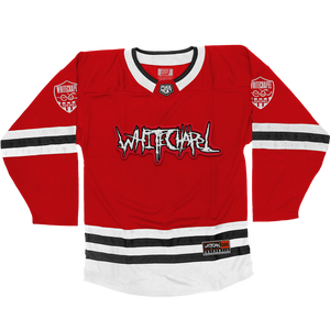 WHITECHAPEL 'REPROGRAMMED TO SKATE' deluxe hockey jersey in red, white, and black front view
