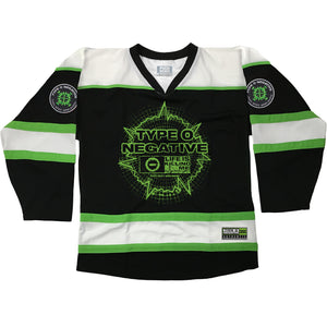 TYPE O NEGATIVE 'LIFE IS KILLING ME' hockey jersey in black, white, and lime green front view