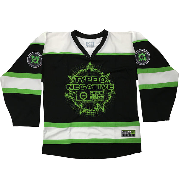 TYPE O NEGATIVE 'LIFE IS KILLING ME' hockey jersey in black, white, and lime green front view