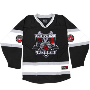 GUNS N' ROSES 'THE KINGS' deluxe hockey jersey in black, white, and grey front view