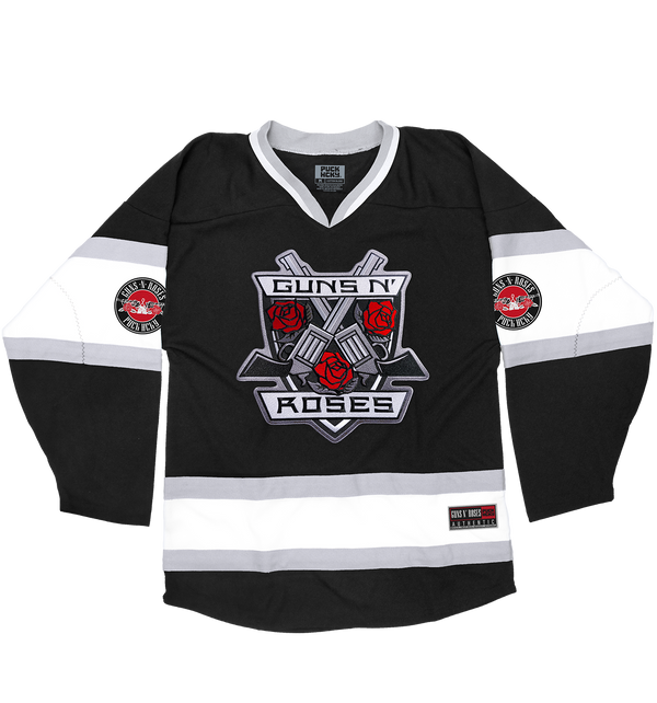 GUNS N' ROSES 'THE KINGS' deluxe hockey jersey in black, white, and grey front view