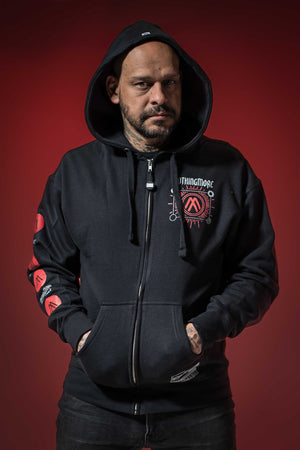 NOTHING MORE 'DÉJÀ VU' full zip hockey hoodie in black front view on model