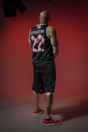 NOTHING MORE 'Deja Vu' sleeveless summer league jersey in black, grey, and white back view on male model