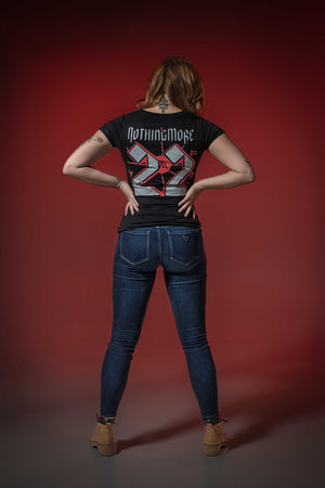 NOTHING MORE 'Deja Vu' women's short sleeve hockey t-shirt in black back view on model