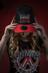 NOTHING MORE 'NEVERLAND' stretch fit hockey cap in black with red brim and red stripes on model