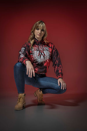 NOTHING MORE 'SPIRITS' pullover hockey hoodie in red and black tie-dye front view on model