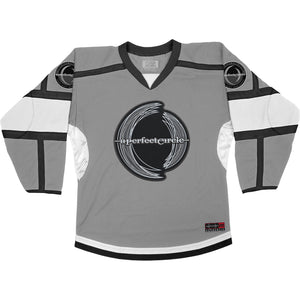 A Perfect Circle 'Multiples' deluxe hockey jersey in grey, black, and white front view
