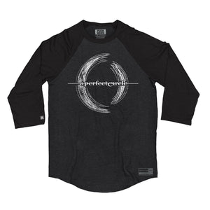 A Perfect Circle 'Multiples' hockey raglan t-shirt in graphite heather with black sleeves front view