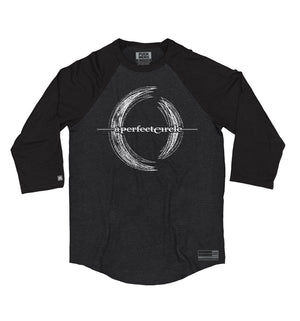 A Perfect Circle 'Multiples' hockey raglan t-shirt in graphite heather with black sleeves front view