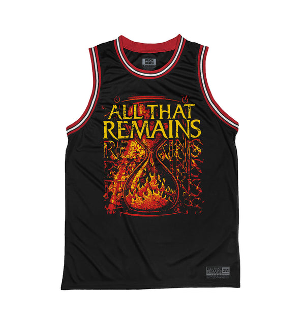 All That Remains 'Hourglass' sleeveless basketball jersey in black, red, and white front view