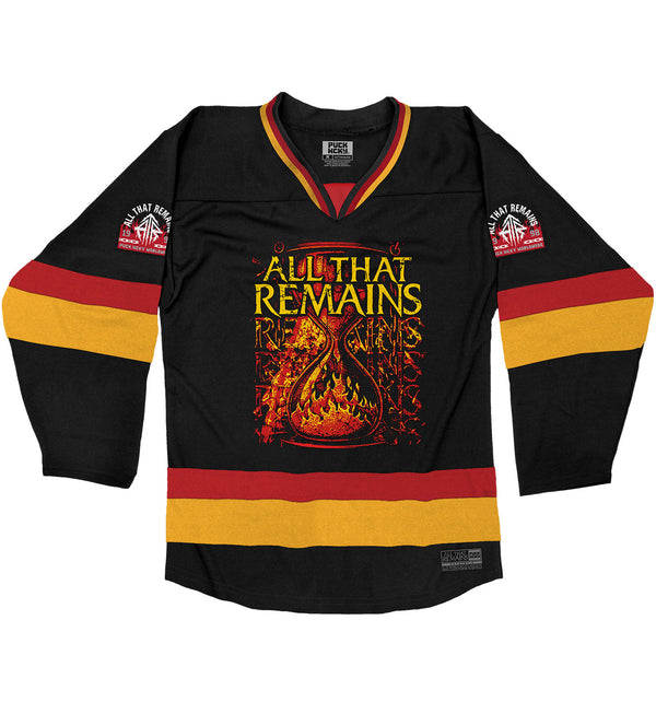 All That Remains 'Hourglass' hockey jersey in black, red, and gold front view