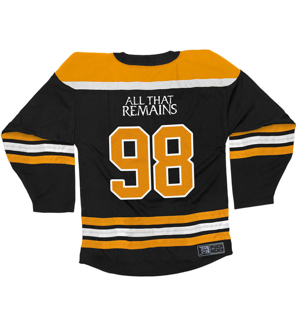 All That Remains 'Puckfire' hockey jersey in black, gold, and white back view