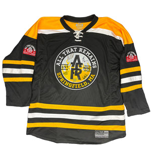 All That Remains 'Puckfire' hockey jersey in black, gold, and white AUTOGRAPHED front view