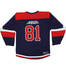 ANTHRAX 'METAL THRASHING MAD' hockey jersey in navy, red, and white back view